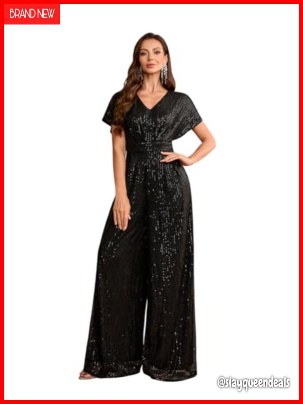 Sequin Wide Leg Jumpsuit Short Sleeve V Neck High Waist Party Romper